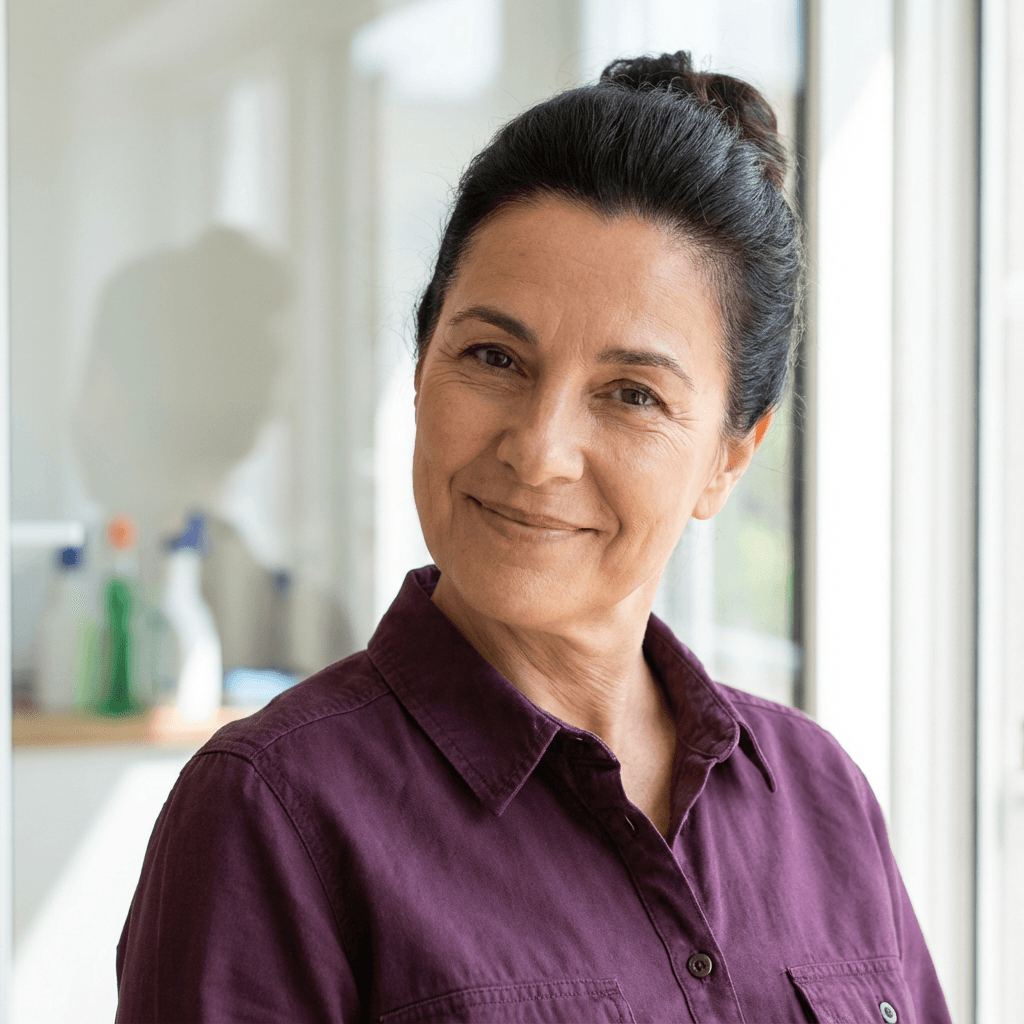 Maria Torres smiling in a kitchen holding a spray bottle and microfiber cloth