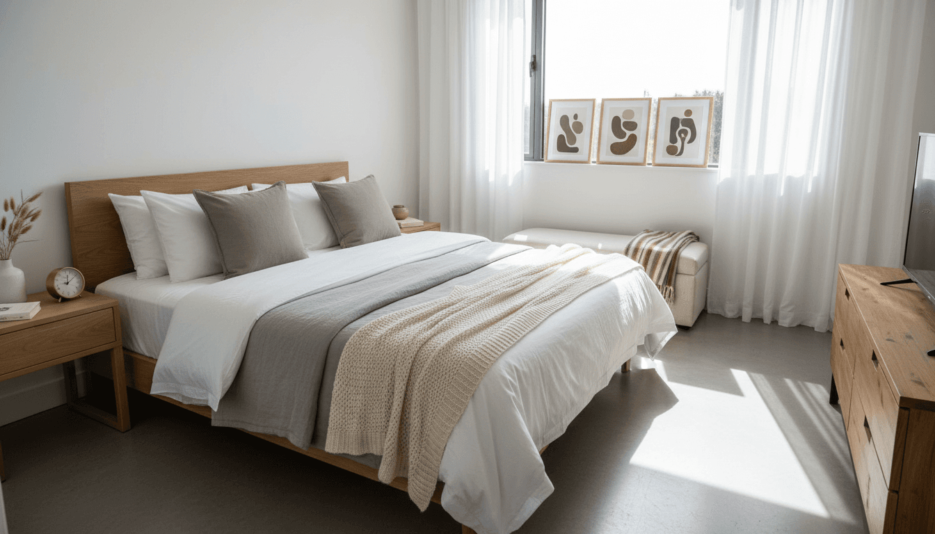 Neatly made bed in a clean, bright bedroom with fresh linens