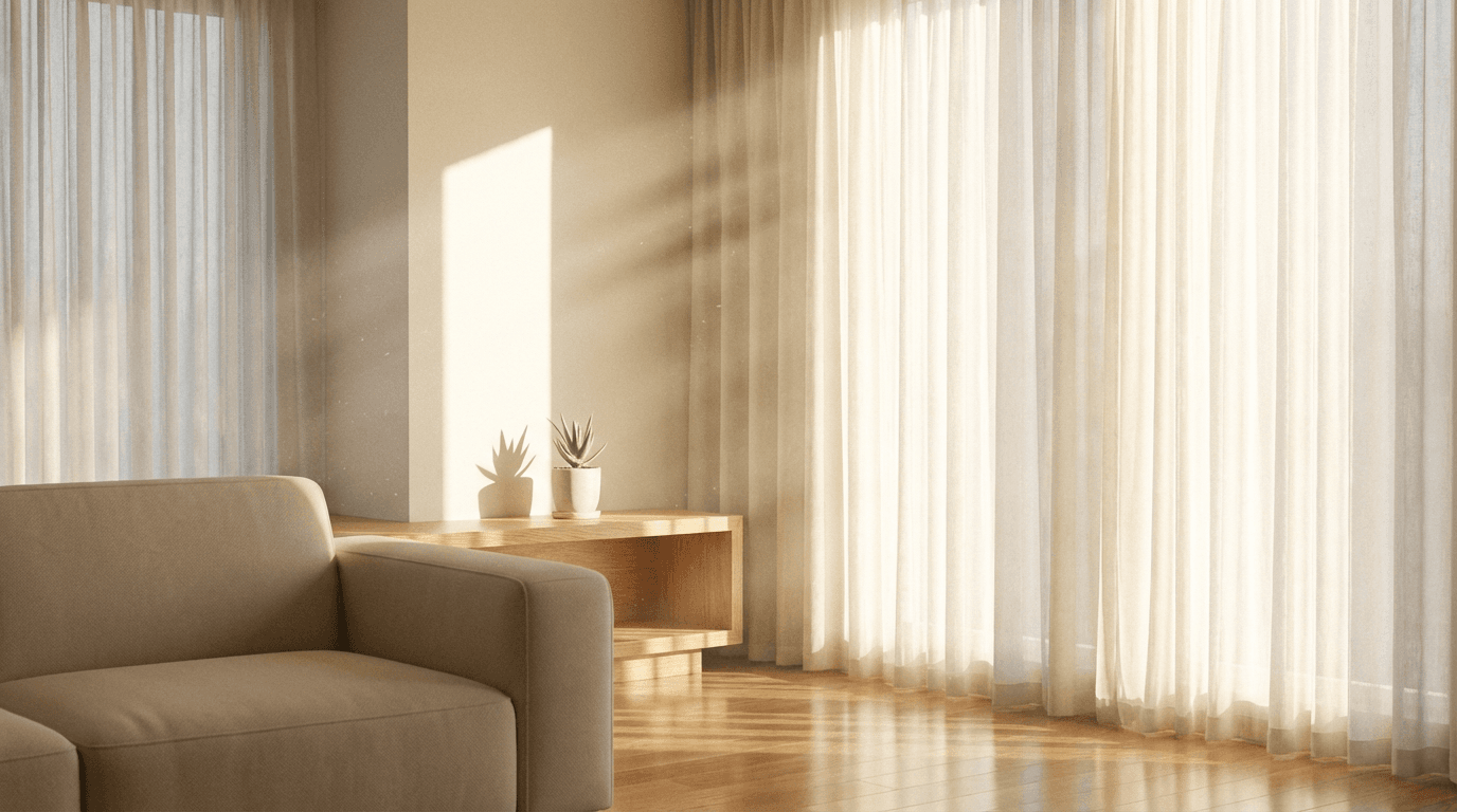 Bright, tidy living room with sofa and natural light