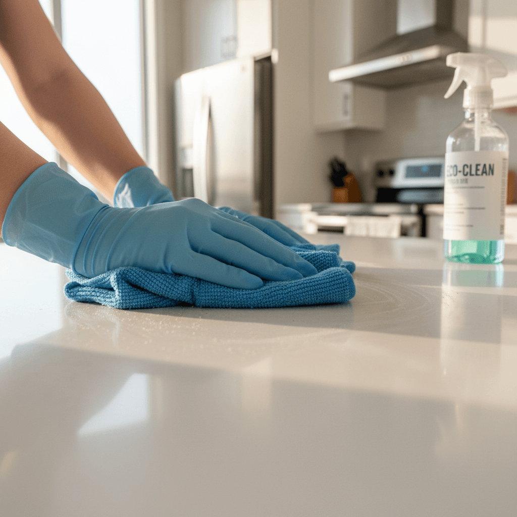 Friendly female cleaner wiping a kitchen counter in a bright modern home